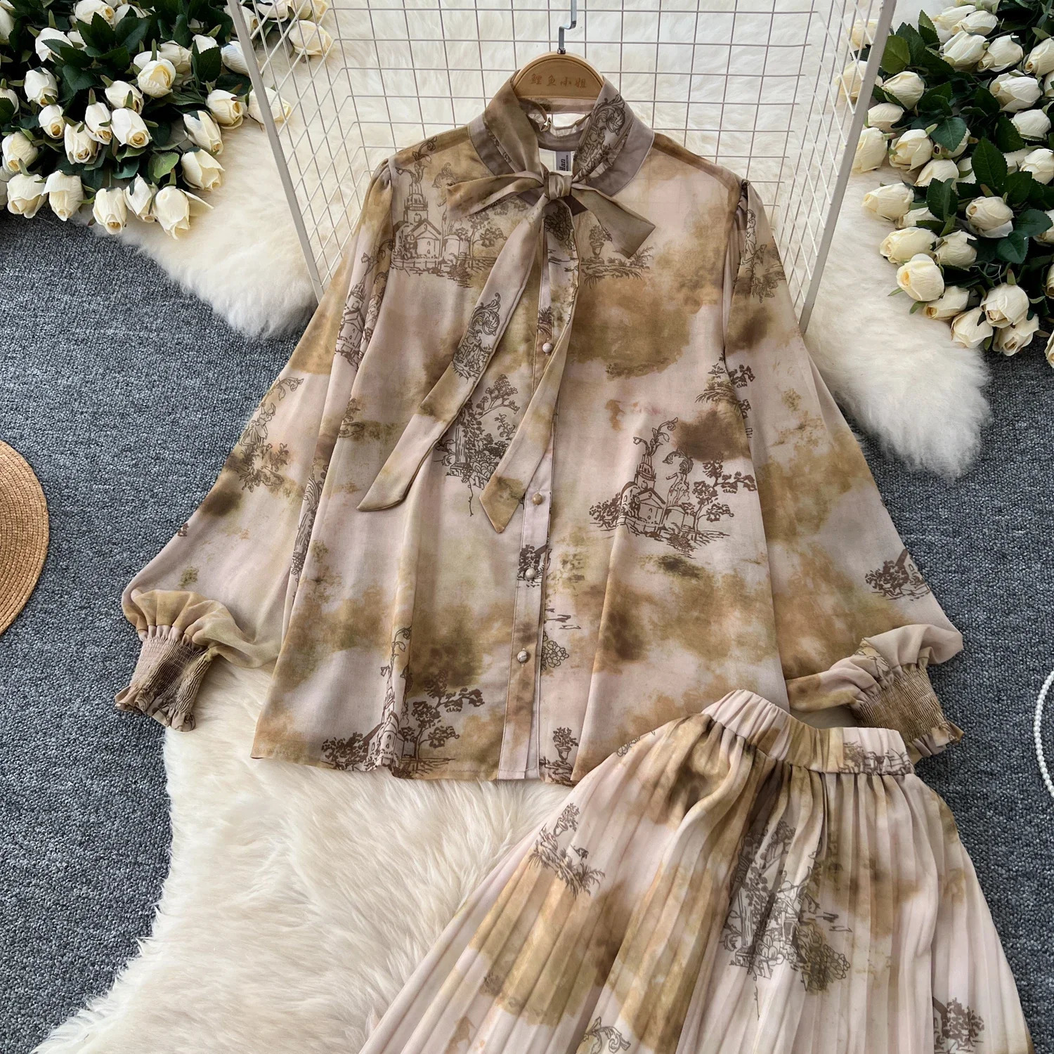 Women Chic Print Sweet Two Pieces Sets Bow Lantern Long Sleeve Top High Waitst Wide Skirt Fashion Summer Sets 240823