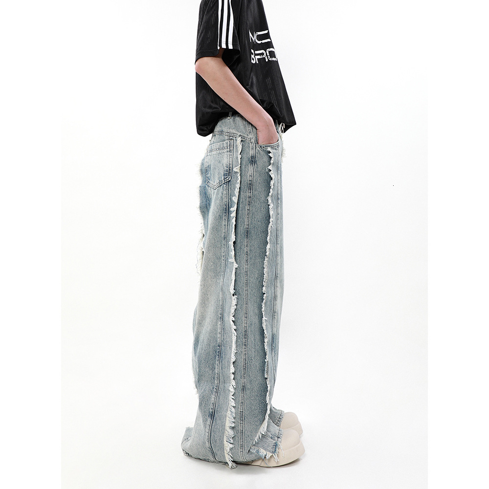 American Style Wasteland Style Su Patchwork Design Jeans for Men in Spring and Autumn Loose Wide Leg Long Pants