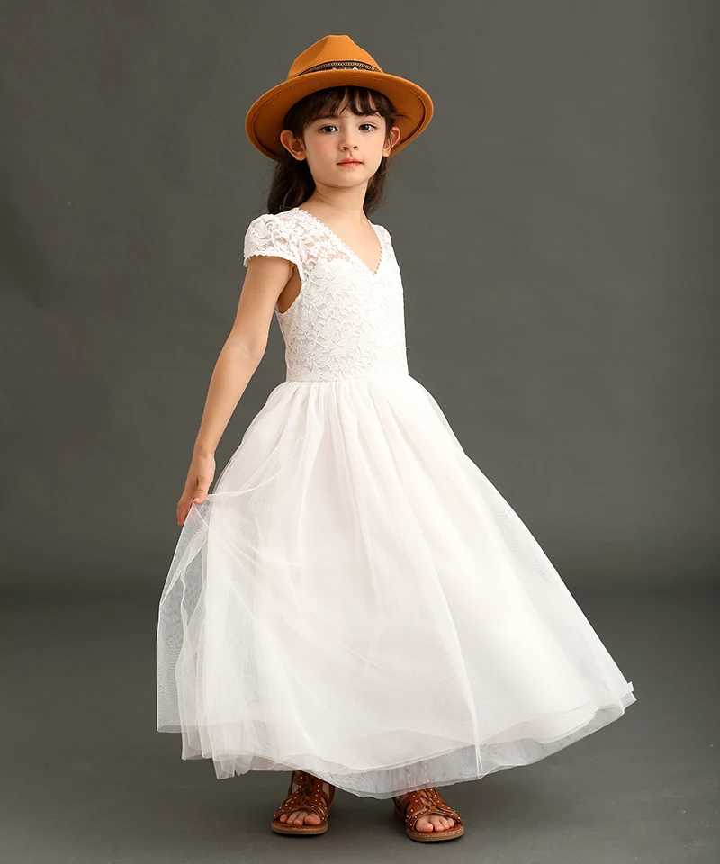 Bohemian style girl lace mesh patch V-neck backless fashionable wedding flower girl evening dress 4 6 7 8 10 14 W240823