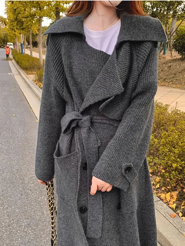 IEQJ Lace-up Spliced Knitting Slim Windbreaker For Women Elegant Thick Casual Solid Trench Coat Autumn Clothing 3WQ7458 240822