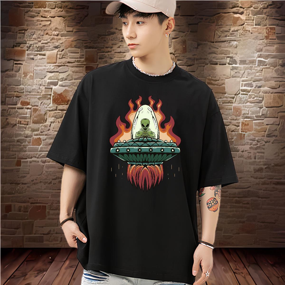 Cool T-Shirts 230g Pure Cotton UFO Casual Daily Wear Black Oversized O Neck Short Sleeves Men Tshirts 2024 Polos