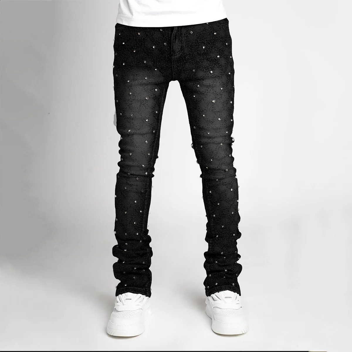 Blue Stretchy Pearls Skinny Jeans For Men Fashion Rhinestone European Street Personality Stacked Denim Pants 240822