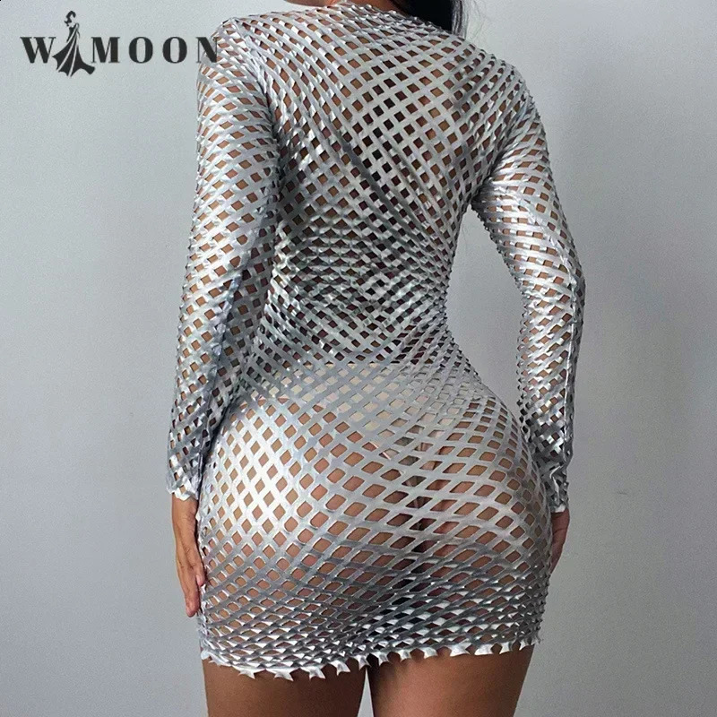 Autumn Sexy Bodycon Hollow Out Dress Silver Diamond Mesh Club Long Sleeve Mini Pencil Party Dress for Women 240823