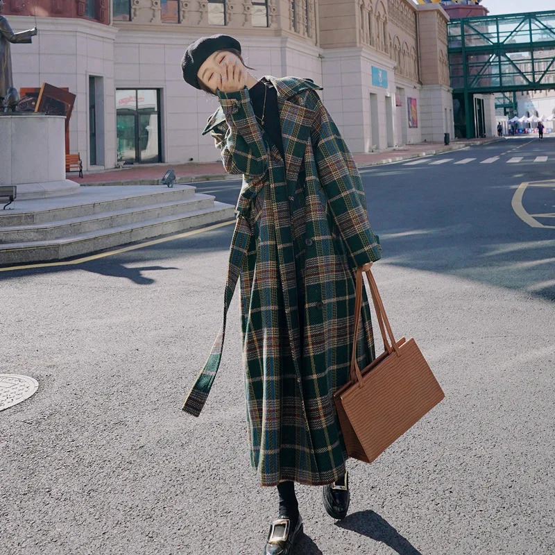 Autumn And Winter Temperament Retro Simple Medium And Long Loose Plaid Belt All-match Woolen Coat Womens Trend 240822