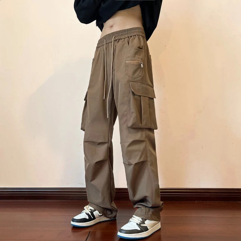 Mens Spring and Autumn Solid Color Elastic High Waist Pocket Casual Preparatory Style Zipper Drawstring Boyfriend Pants 240823