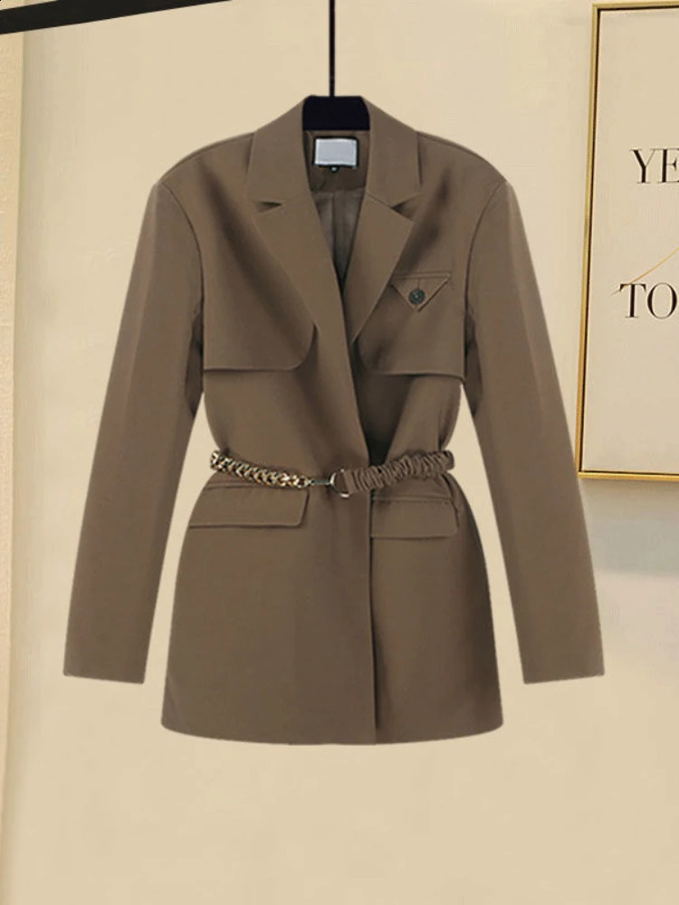 Xgoth Womens Blazer Dress Suits Temperament Large Size High Waist Khaki Blazer Button-up Shorts Skirt Two-piece Set 240823