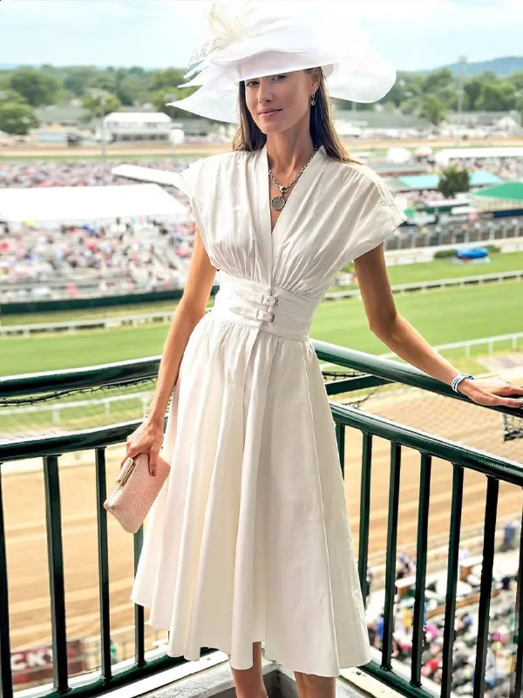 Women Elegant V Neck High Waist Belt Solid Maxi Dress Chic Flying Sleeves Split A Line Long Dresses Summer Lady Party Gown Robes 240822