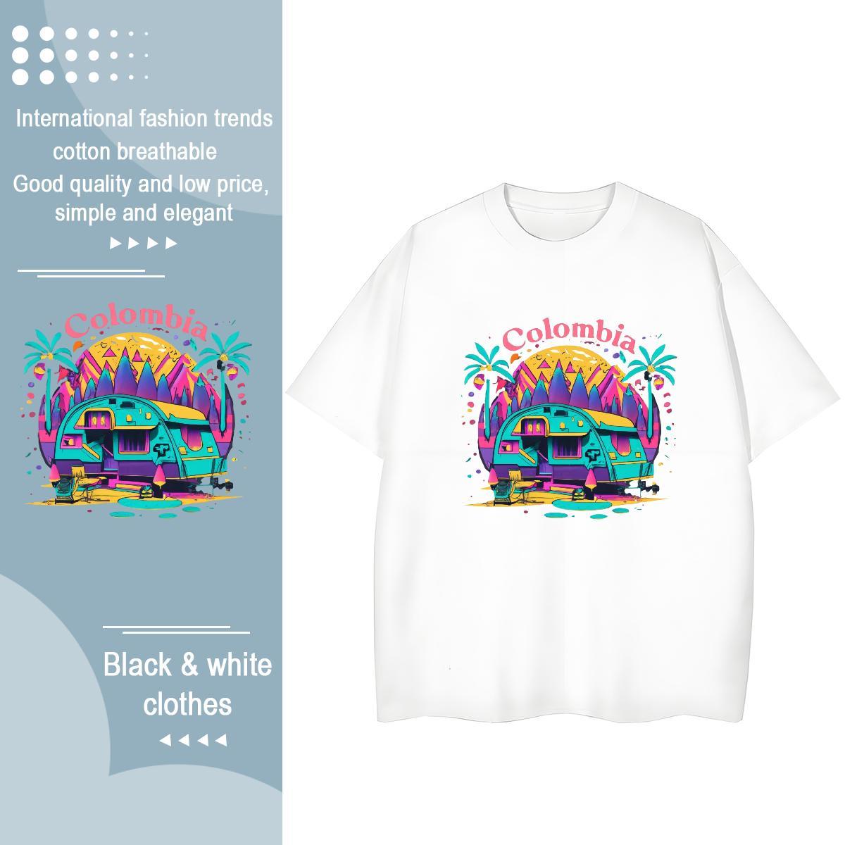 Free Shipping Women Tees 230g Pure Cotton beach Street Wear T Shirt For Woman O Neck Short Sleeves Cartoon Print Clothes Shirt