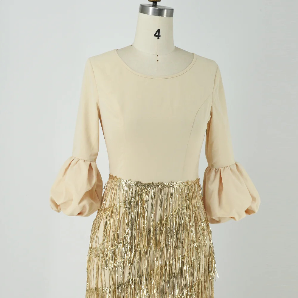 Womens Party Dresses Round Neck Lantern Long Sleeve Tassel Slim Gold Dress Autumn Ladies Elegant Evening Clothes 240823