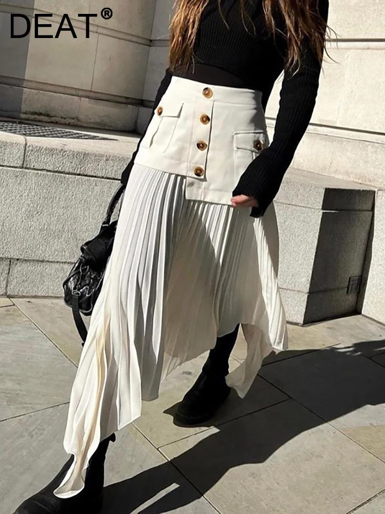 DEAT Fashion Womens Skirt High Waist Spliced Single Breasted Pleated Irregular Solid Color Long Skirts Spring 17A6142 240823