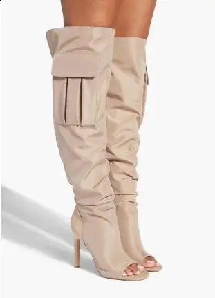 Camouflage military green peeping toe pocket knee high boots womens patch work slim high heels long fashion Botas shoes women 240823