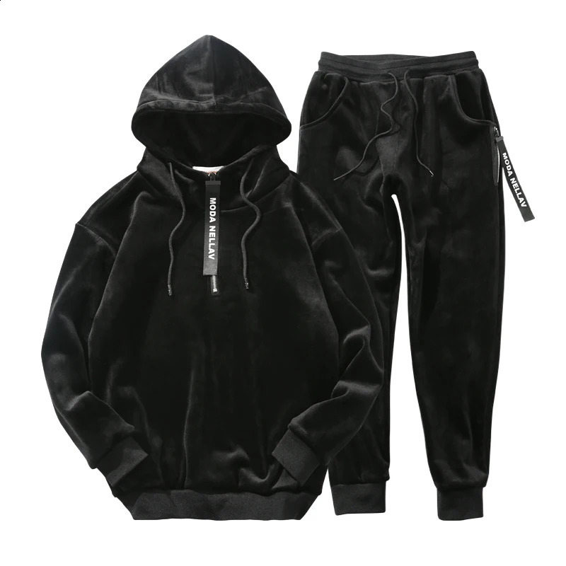 Mens doublesided hooded sweatshirt with pants velvet winter set casual gold twopiece sportswear 240822