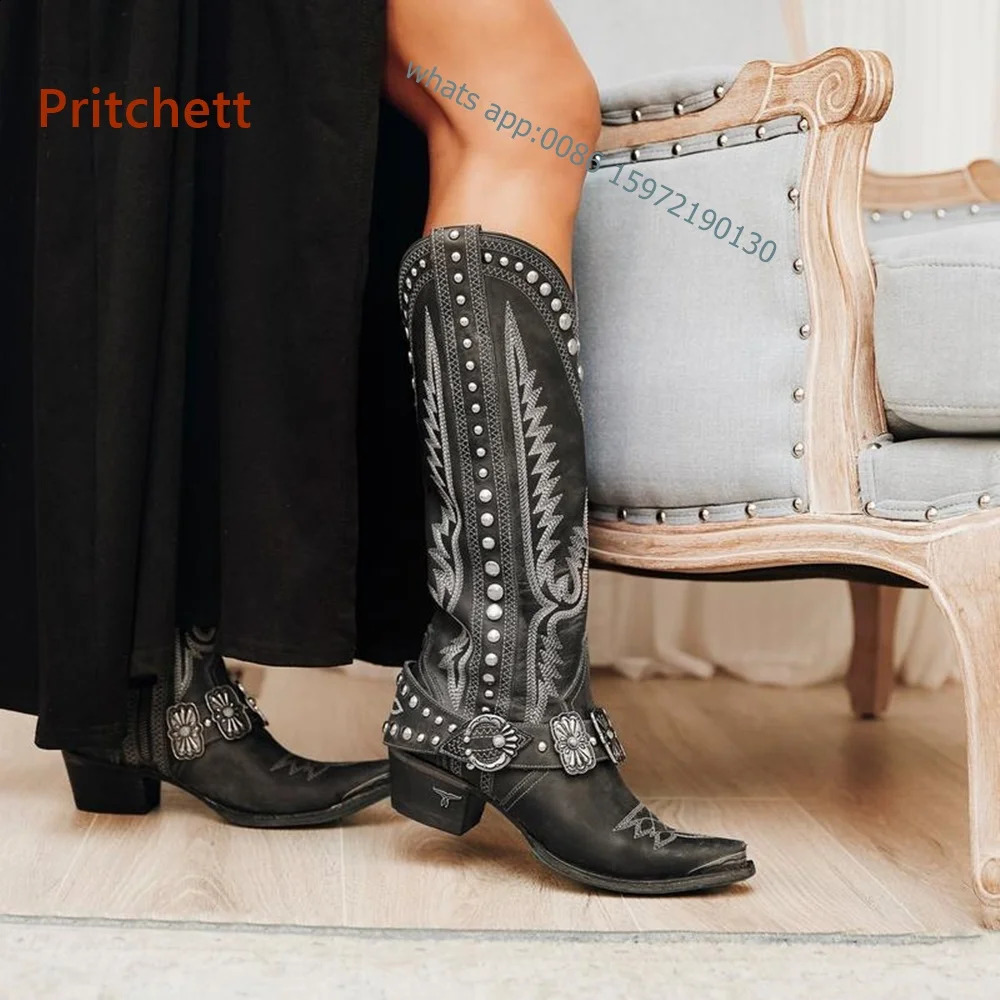 Rivet Embroidered Cowboy Boots with Toe Zipper Adult Womens Knight Boots Metal Decorative Punk Square Boots Winter Casual Shoes 240823