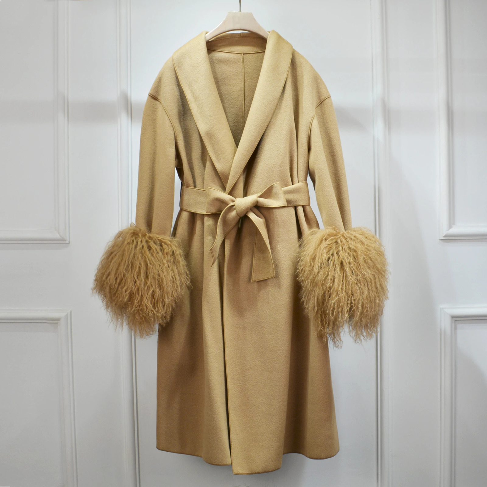 Highend Fluffy Mongolian Fur Cuffs ing Double-Sided Cashmere Jacket Women Suit Collar Sashes Long Wool Trench Coat 240822