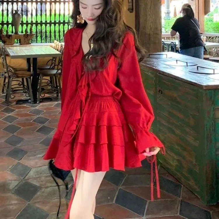 Elegant V-neck Ruffles Long Sleeve Tops Women Y2k E- High Waist Ruched A-line Skirts Spring Red Two Piece Sets 240823