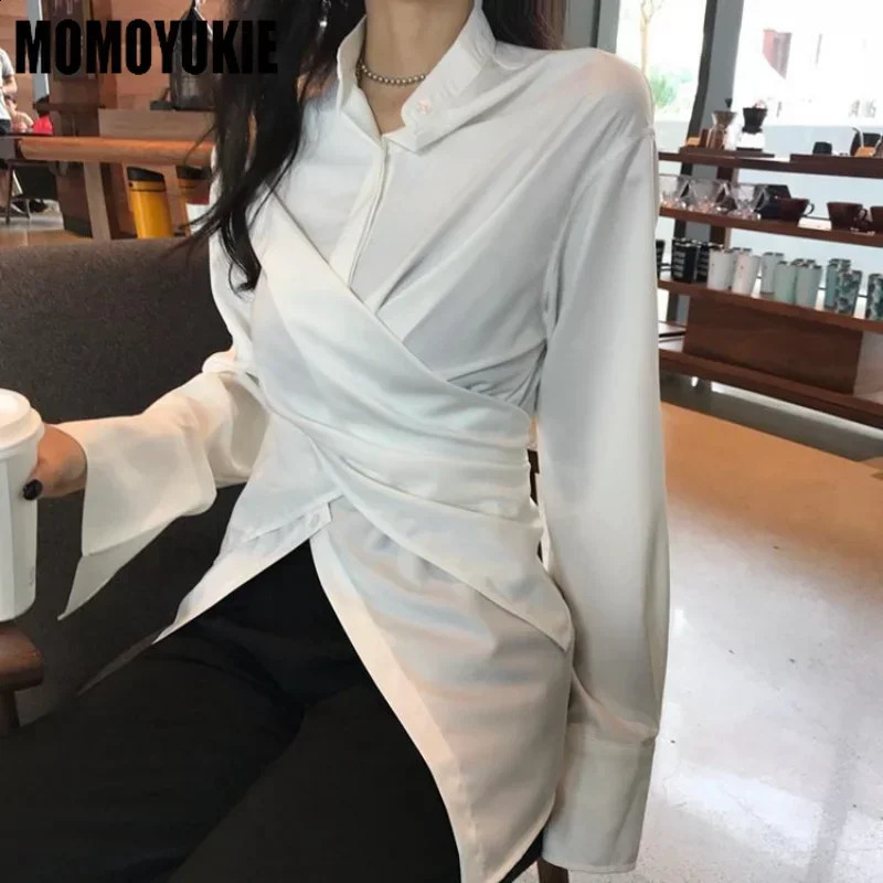 Spring Korean Style Stand Collar Shirts Elegant Long Sleeve Fashionable Solid Chic Slim Irregular Casual Feminino Tops 240823