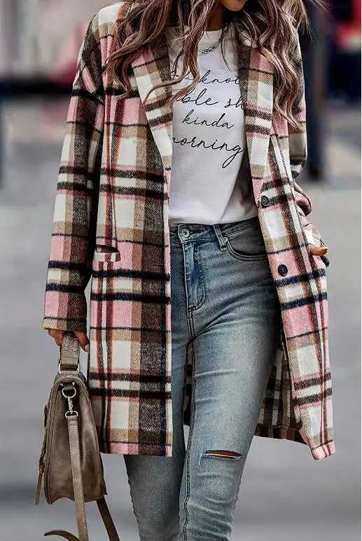 New Womens Plaid Shacket Jacket Casual Button Lapel Wool Blend Trench Coat with Pockets Long Sleeve Coat Outerwear CL240822
