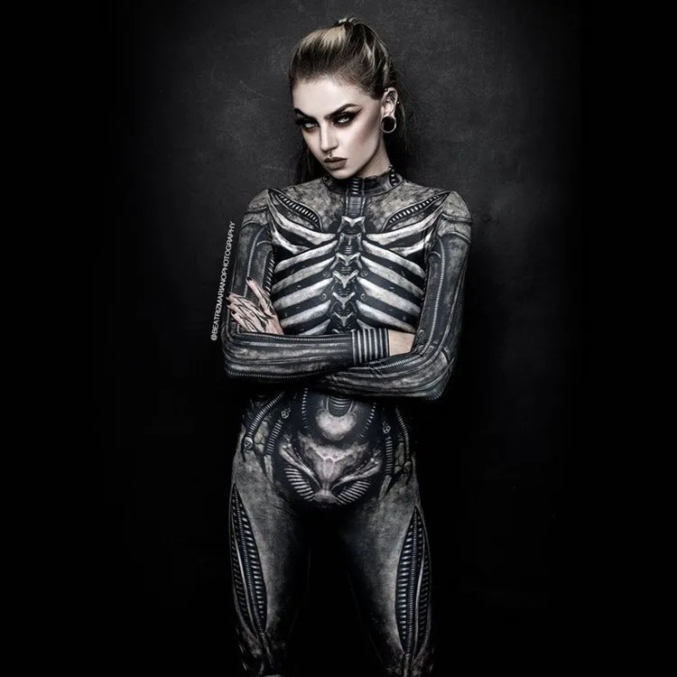 Womens clothing long sleeved 3D printed Halloween carnival horror human skeleton roleplaying tight jumpsuit Zentai fitting 240823