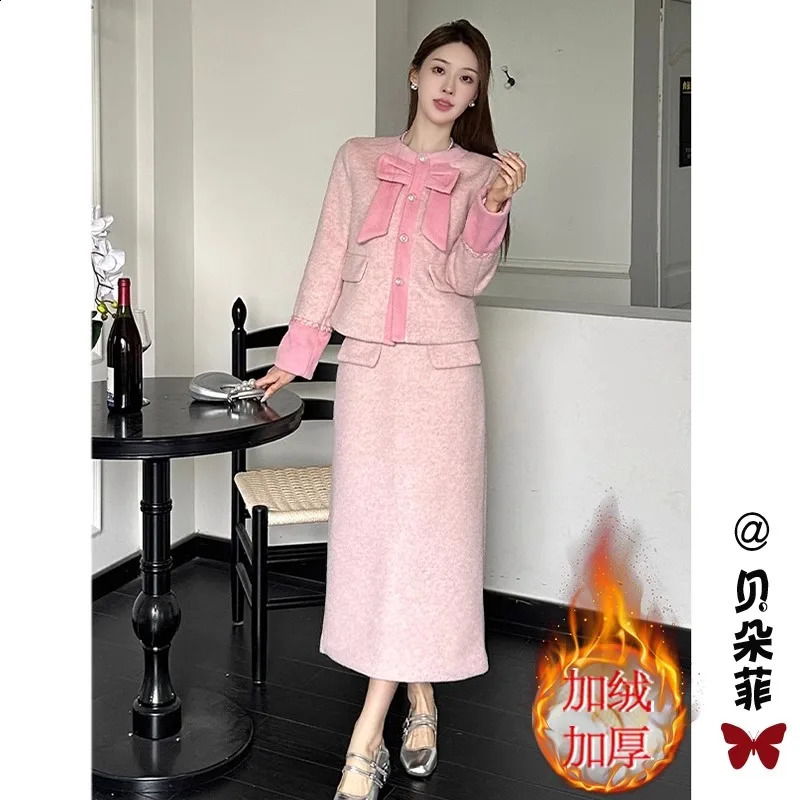 French Sweet Temperament Coat A-line Skirt Two Piece Set Women Fashion Single Breasted Gentle Thicken Spring Chic Slim Suit 240823