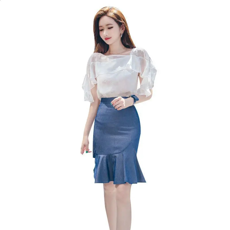 Elegant Fashion Harajuku Slim Fit Female Clothes Loose Casual All Match Cow Skirt Chiffon Short Sleeve Tops Two Piece Set 240823