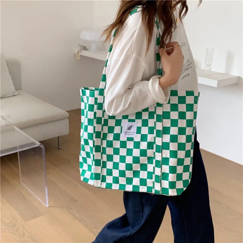 Canvas Checkerboard Bag For Women Casual Plaid Tote Shoulder Bags Leopard Print Large Handbags Female Travel Shopping School Bag 240822