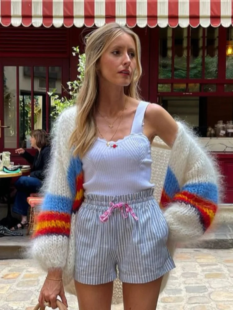 Women Fashion Striped Knitted Cardigan Loose Colorful Lantern Long Sleeved Sweater Tops 2024 High Street Female Outerwear 240814