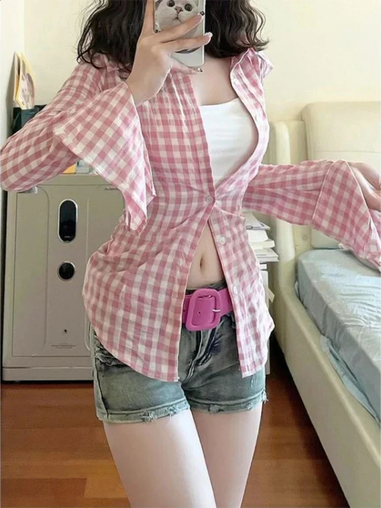 Fashion Y2k Casual Sexy Long Sleeve All Match Contrast Color Plaid Shirt Women Korean Summer Streetwear Crop Top Blusas Feminina 240823