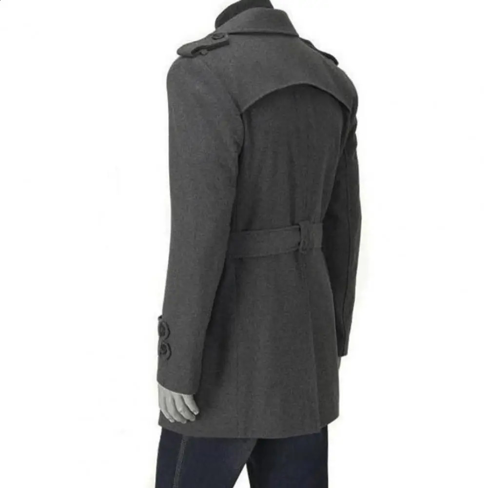 Men Fall Winter Trench Coat Long Sleeve Solid Color Lapel Double-breasted Belted Notch Collar Mid Length Men Jacket Windbreaker 240822