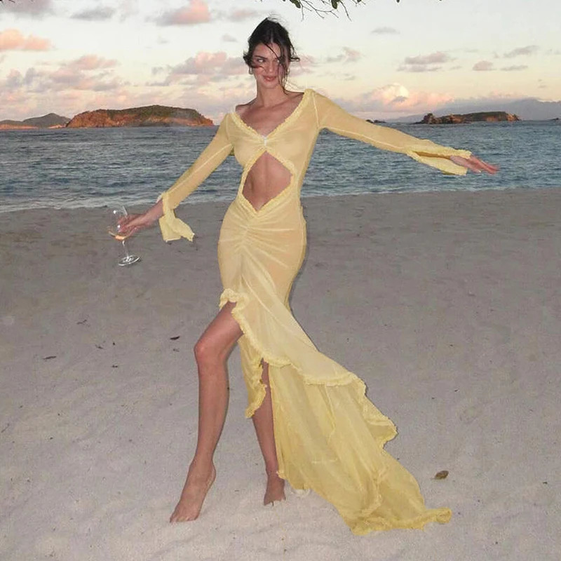 Womens doll Lingerie Mesh Sheer Long Dress Sexy See-Through Long Sleeve Frill Trim V Neck Cutout Long Gown Beach Vestido 240823