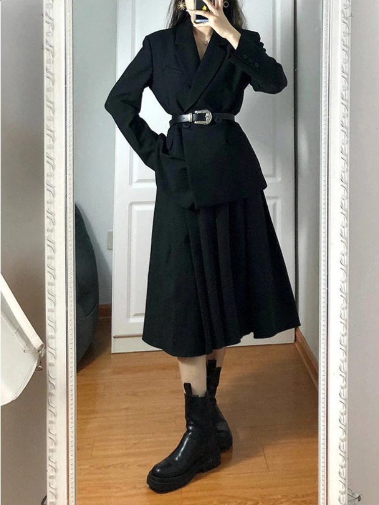 Xgoth Autumn Elegant Suit Long-sleeved Straight Shoulder Blazer Jacket High Waist Long Skirt Office Lady Two-piece Sets 240823