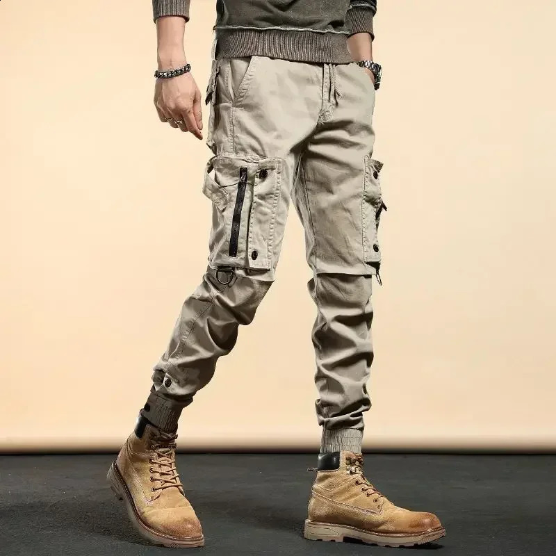 Male Trousers Slim Biker Mens Cargo Pants Motorcycle Summer Khaki With Stylish Regular Fit Big Size Long Vintage Harajuku 240822