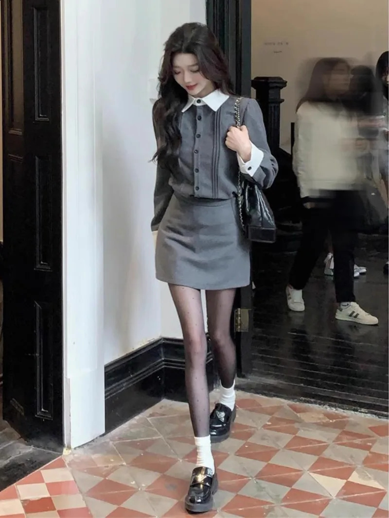 Temperament Contrast Color Lapel Shirt A-line Skirt Two-piece Set Women Fashion Korean Single Breasted Celebrity Slim Spring Set 240823