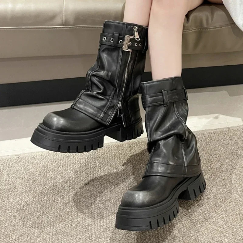 Wrinkled womens platform ankle Chelsea boots 2024 winter mid boots zipper motorcycle boots short and chubby Gothic snow pump Bottas 240823