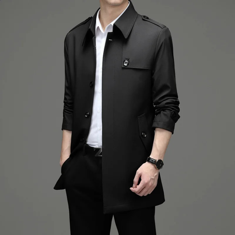 Classic Fashion Trench Coats Men Business Casual Mid-long Windbreaker Lapel Khaki Long Coat for Men Simple Mens Jackets M-4XL 240822