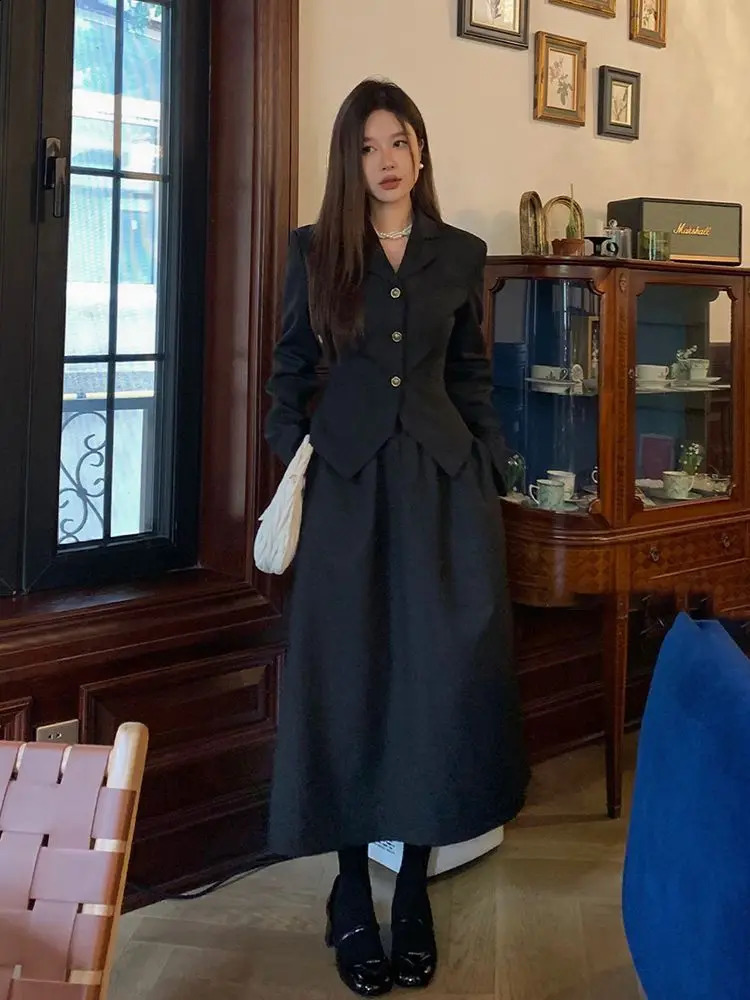 Korea Womens Retro Casual Waist Wrapped Suit Half Skirt Set Two Piece Black Hepburn Style Single Breasted Suit Half Skirt Set 240823