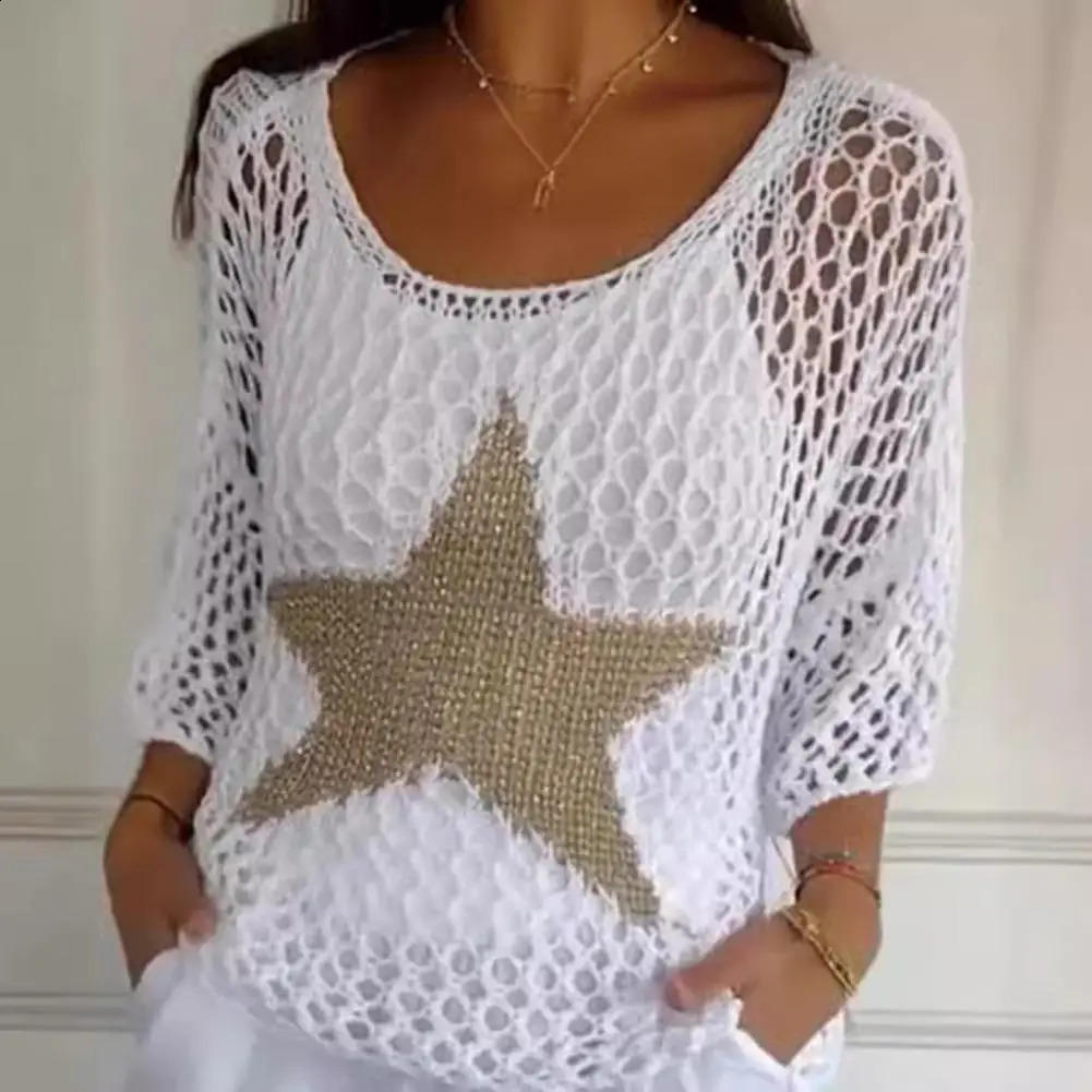 Crochet fishnet shirt fashionable womens crochet top Oneck knitted Vneck sweater summer to attract fashion 240822