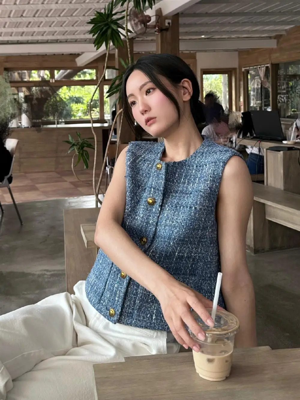 Summer Women Tweed Vest Tops Coat Fashion Streetwear Blue Small Fragrant Wind Vests Jackets Undershirt Outwear Clothing 240823