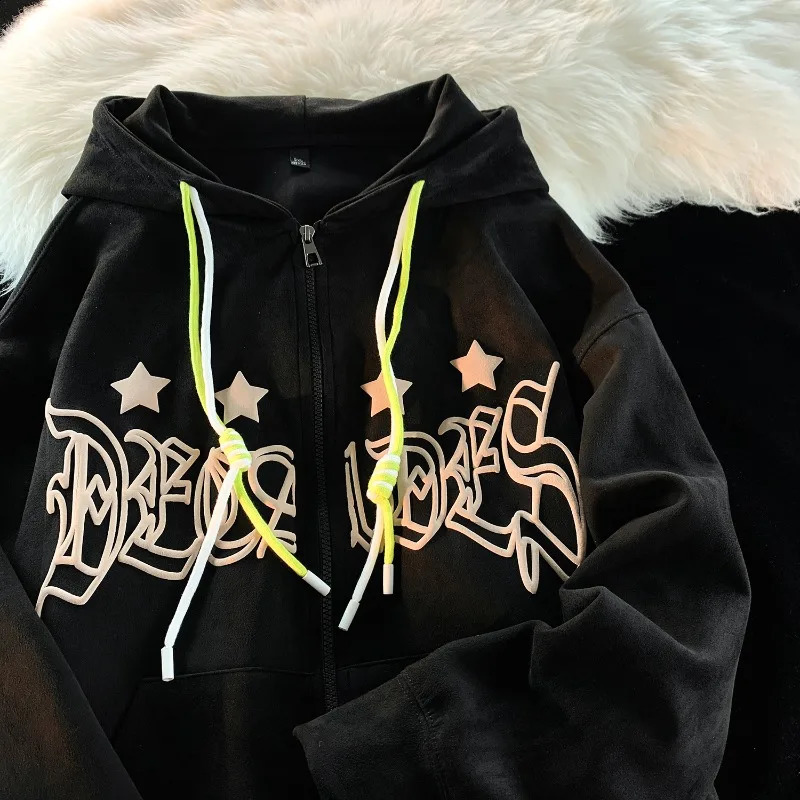 Faux Suede Hoodie Gothic Foaming Printing Zip-up Hoodies Colour Blocking Drawstring n Y2k Hooded Coat Man Women Coats 240823