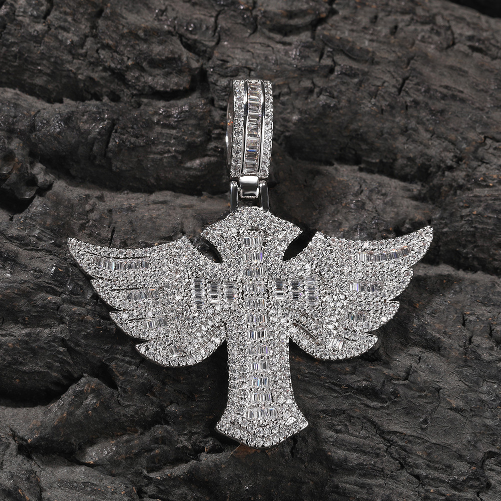 Hip Hop Wing Cross Cross Pendant Necklace with Chain 5A Zircon White Gold Plated Religious Men Jewelry