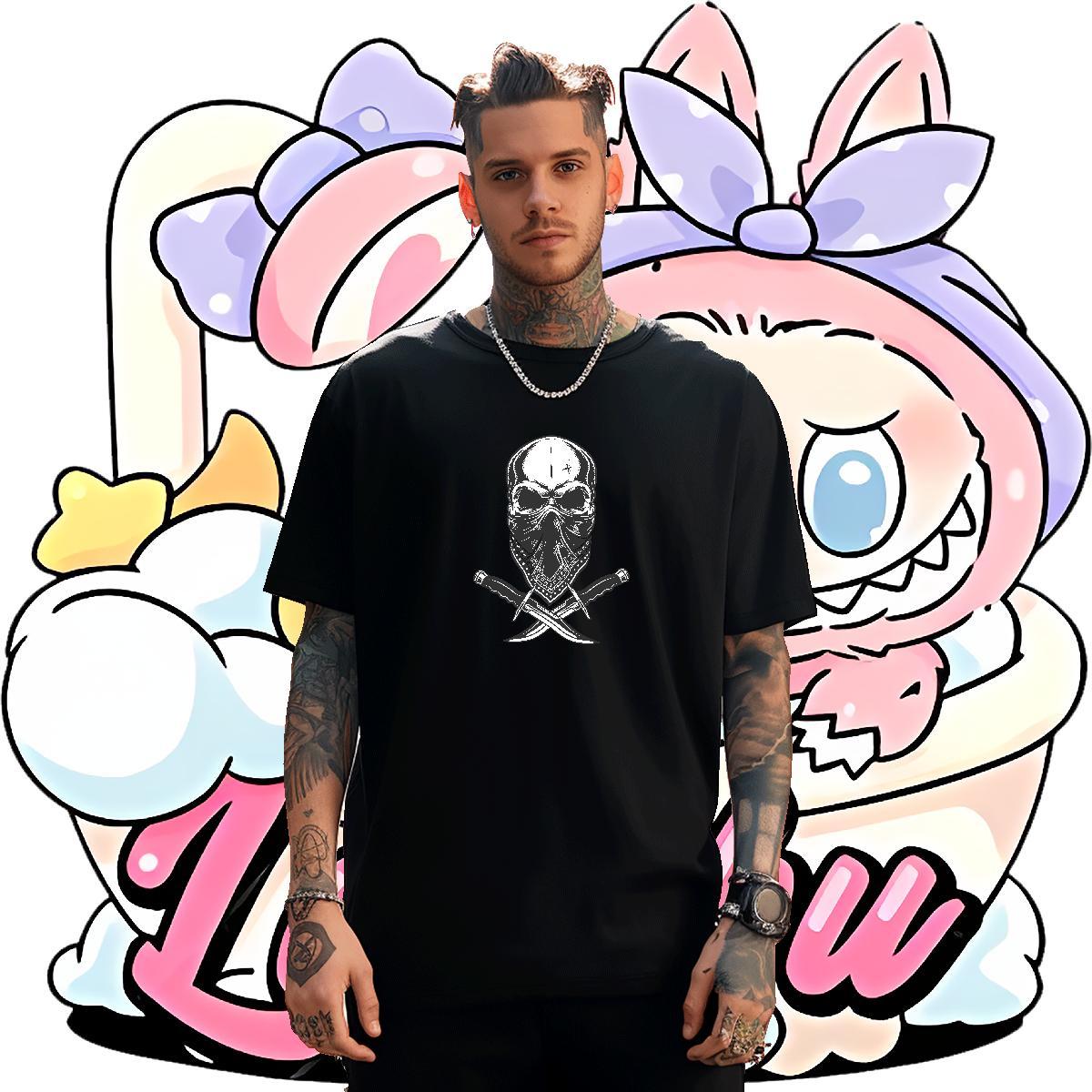 Wholesale T Shirt For Man 230g Pure Cotton skull High Street Hip Hop Black Oversized Round Neck Short Sleeve Tshirts Brand Tops Shirt