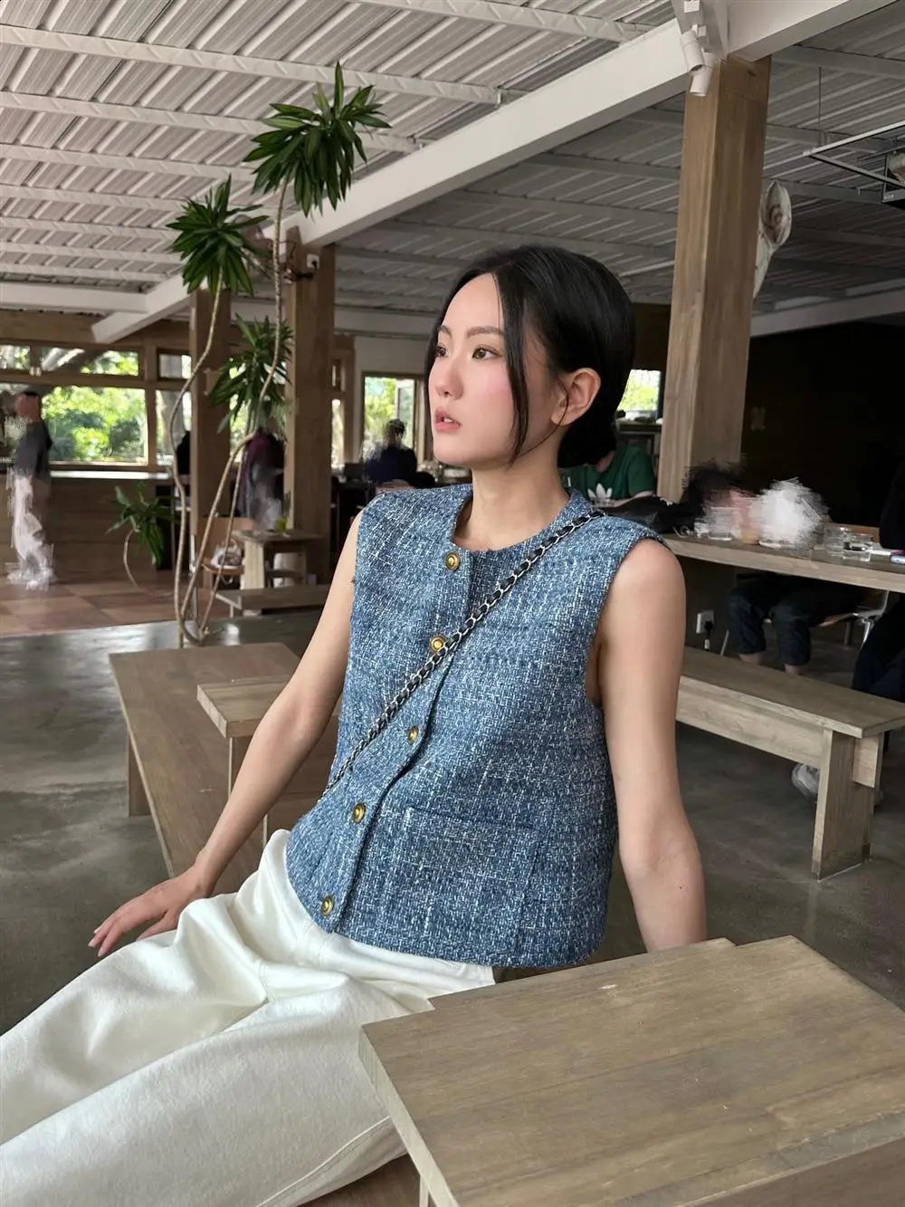 Summer Women Tweed Vest Tops Coat Fashion Streetwear Blue Small Fragrant Wind Vests Jackets Undershirt Outwear Clothing 240823