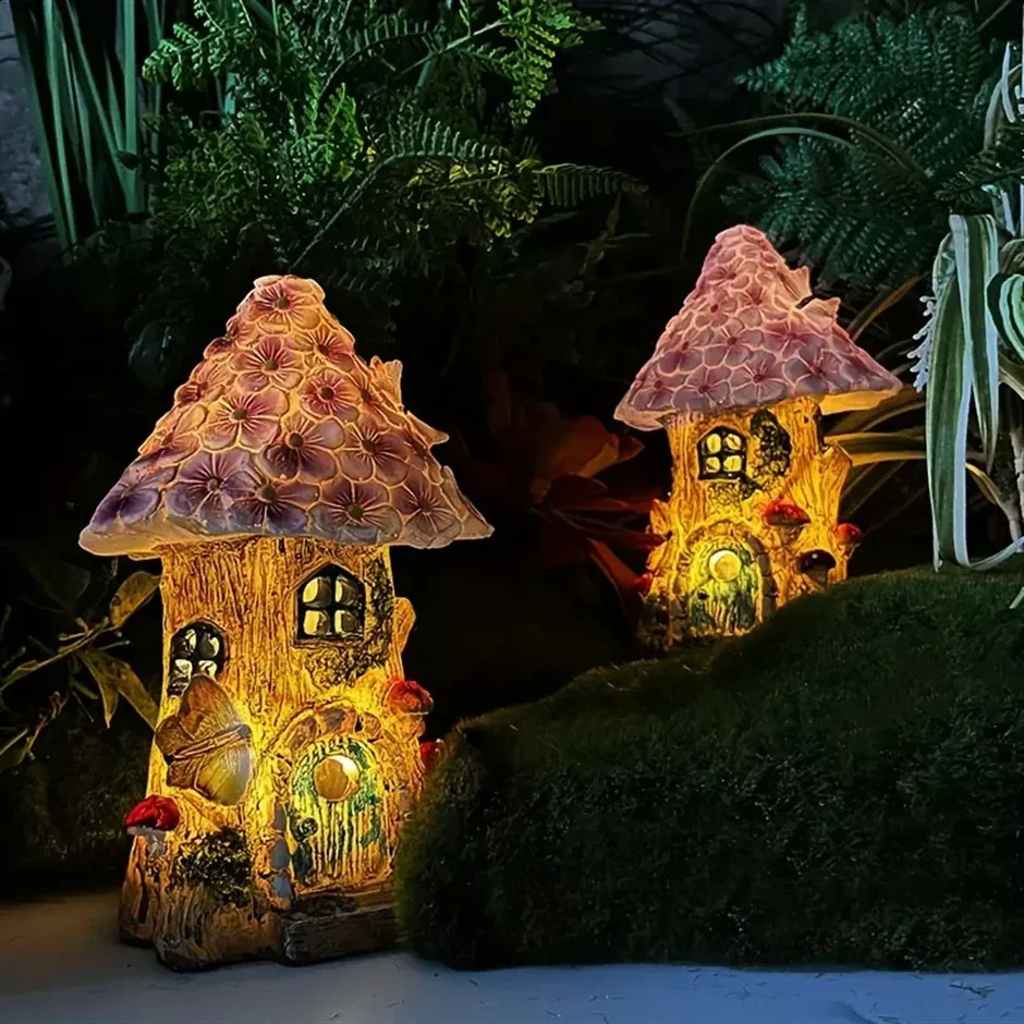 Fairy Garden House Solar Outdoor Statue Light Up Mushroom Figurines Lawn Decorations for Yard Fairies Miniature 240822