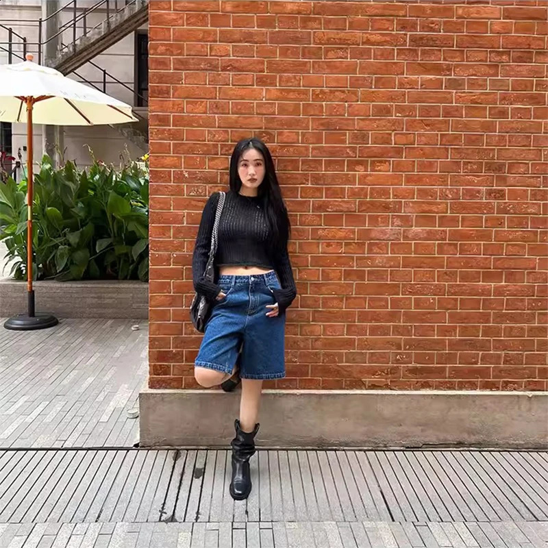 black pleated stacked boots thick heels and soft leather elastic weight loss boots fashionable learning short boots 240823