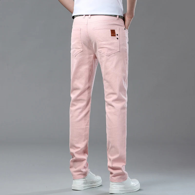 High quality casual denim jeans mens red yellow pink white solid color party pants fashionable four season straight plus size 240823