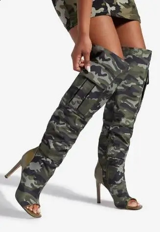 Camouflage military green peeping toe pocket knee high boots womens patch work slim high heels long fashion Botas shoes women 240823