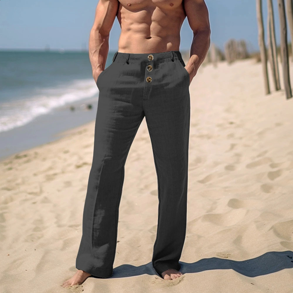 Men Elegant Triple Buttons Cotton Linen Pants Solid White Full-Length Trouser Plus Size Mens Casual Drawstring Sweatpants 240823CJ