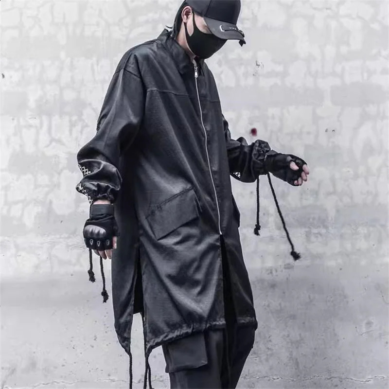 High Street Techwear Hip Hop Trench Coat Long Jackets For Men Drawstring Patchwork Cloak Gabardina Hombre 240822