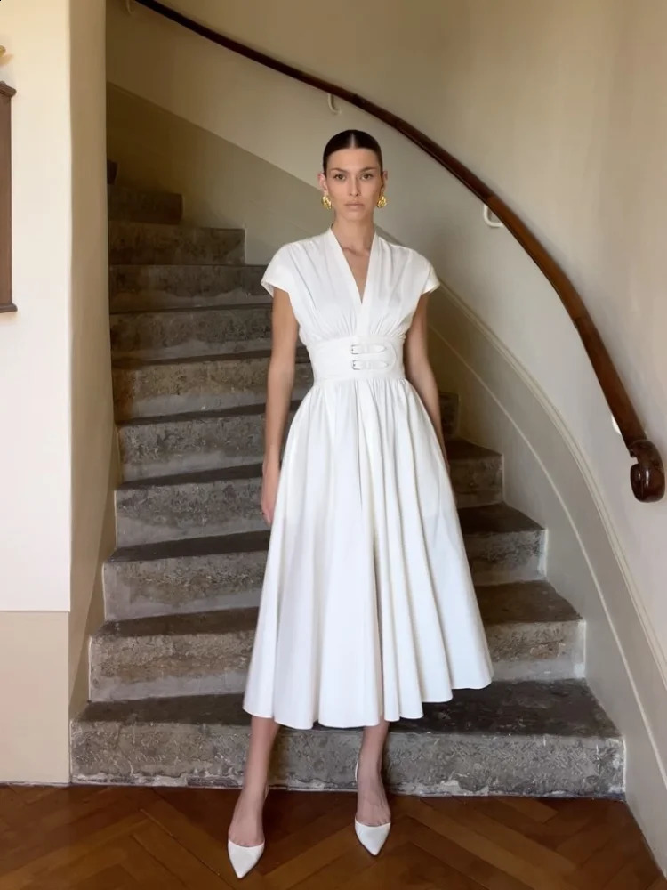 Women Elegant V Neck High Waist Belt Solid Maxi Dress Chic Flying Sleeves Split A Line Long Dresses Summer Lady Party Gown Robes 240822