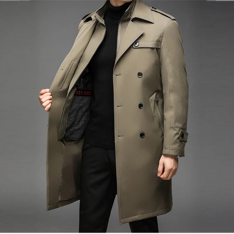 Trench Coat Men Long Liner Detachable Smart Casual Windbreakers Mens Long Jackets Solid Color Turn Down Collar Trench Coat 240822
