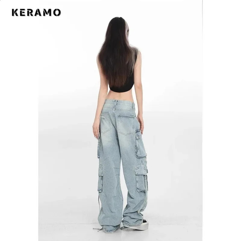 Casual High Waist High Street Style Blue Straight Jeans Vintage Pockets Lace-up Pants Womens Wide Leg Baggy Y2K Denim Trouser 240822